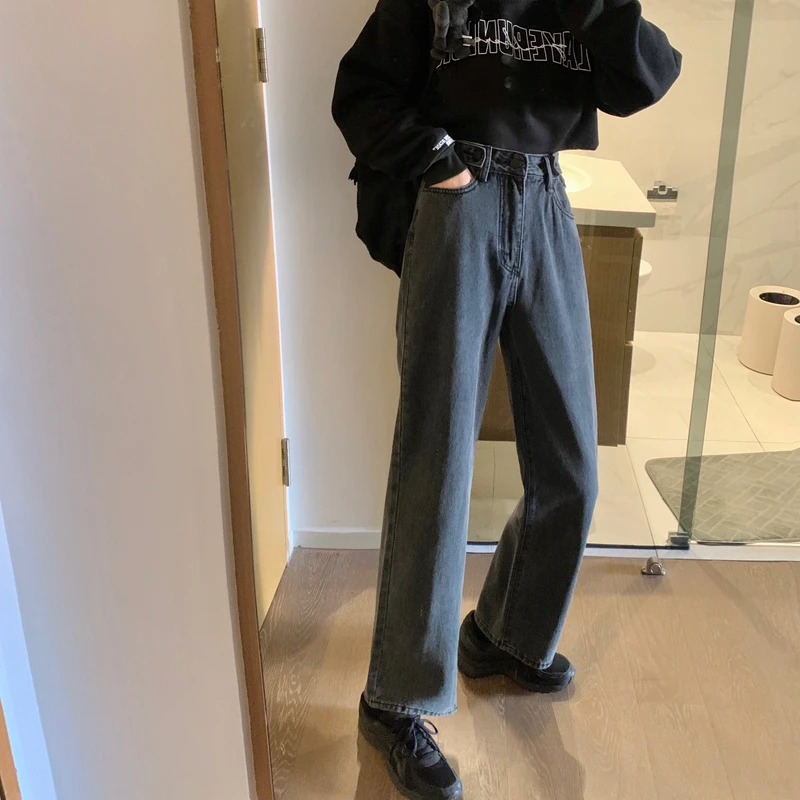 

2020 Early Autumn New Style Black Denim Pants Female High-waisted Slimming and Straight Loose Draping Effect Wide-Leg Mop Pants