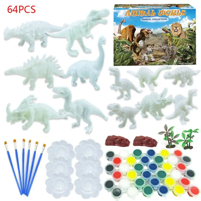 

50LE 64Pcs/Set DIY Graffiti Dinosaur White Dinosaur Model 3D Painted Hand Coloring Tyrannosaurus Kids Educational Toys
