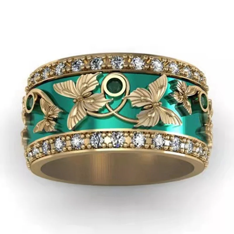 Fashion Simple Double Row Crystal Zircon Butterfly Wedding Rings for Women Vintage Gold Engagement Ring Charm Jewelery Gift