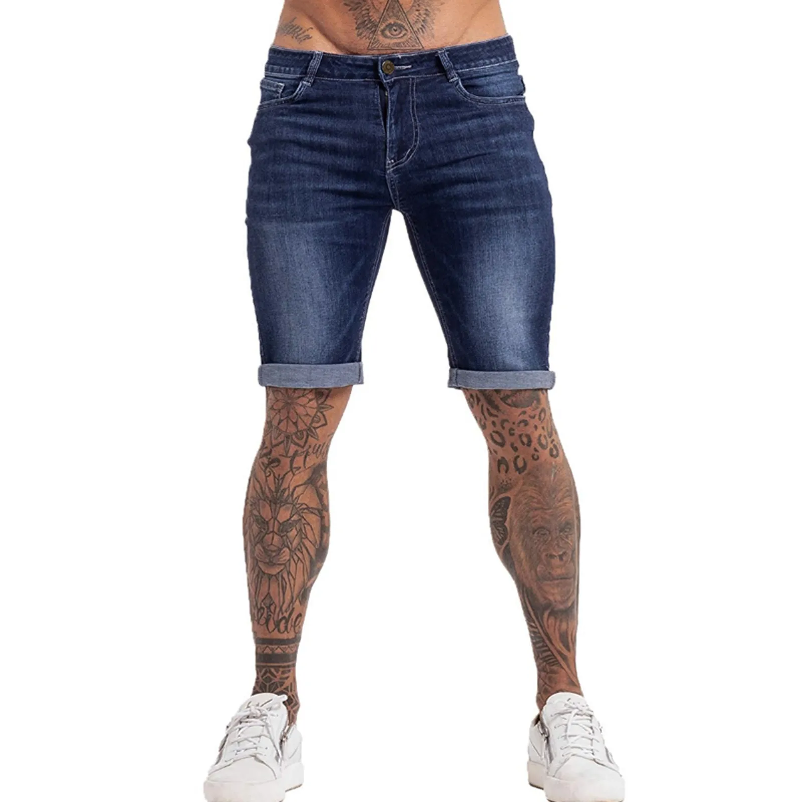 

Men's European Size Youth Fashion Washed Blue Denim Shorts Five-part Trouserss Shorts Women's Shorts High Waist Shorts Short