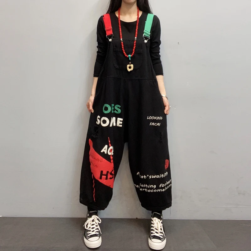 Для женщин на подтяжках комбинезон Спагетти ремень принт в виде букв джинсы