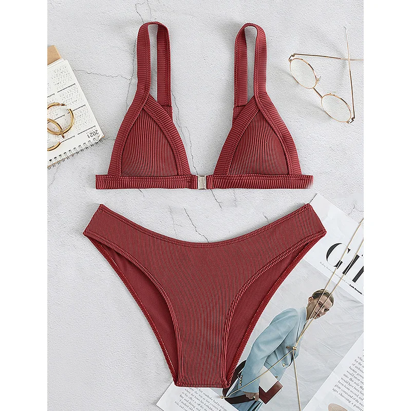 

Однотонные бикини Rinabe 2021, купальник в рубчик, женский купальник пуш-ап, сексуальный купальный костюм с высоким вырезом, комплект бикини на б...