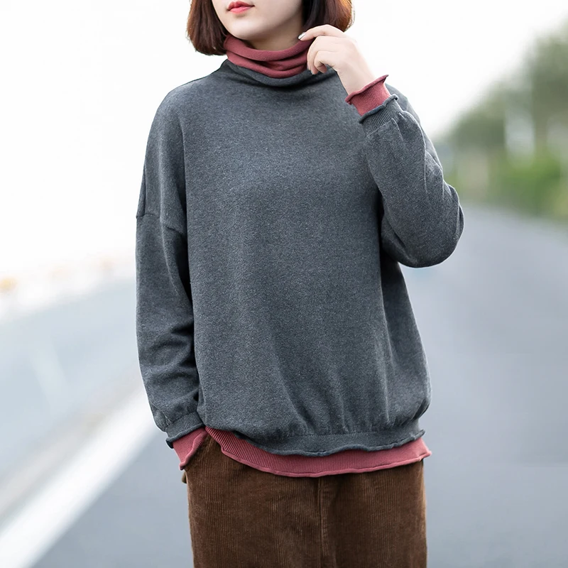 Johnature 2020 Autumn Winter Casual Fake Two Pieces Turtleneck Knitted Sweater Women Simple Long Sleeve Pullover Sweaters | Женская