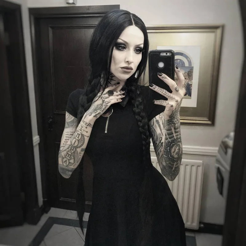 Женское платье с рюшами Goth Dark, винтажное плиссированное платье для вечеринки, готическое элегантное однотонное платье на молнии
