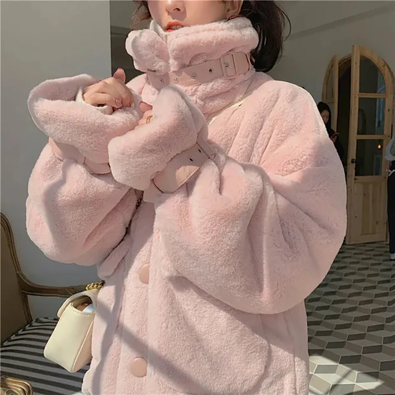 

Autumn Winter Imitation Fur Jacket Warm Overcoat Korean Solid Sweet Single-breasted Pocket Coat Women Pink White Parkas Fashion