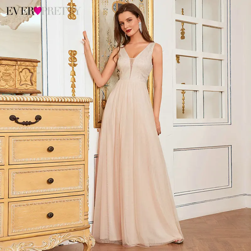 

Ever Pretty Tulle Long Prom Dresses Sleeveless Deep V-neck A-line Empire Party Dress For Women Elegant Style Vestidos De Fiesta