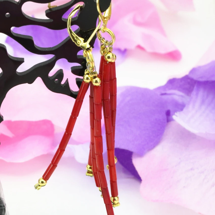 

High quality natural tube red coral beads 2*7mm exquisite handmade dangle earrings for women new eardrop jewelry B3243