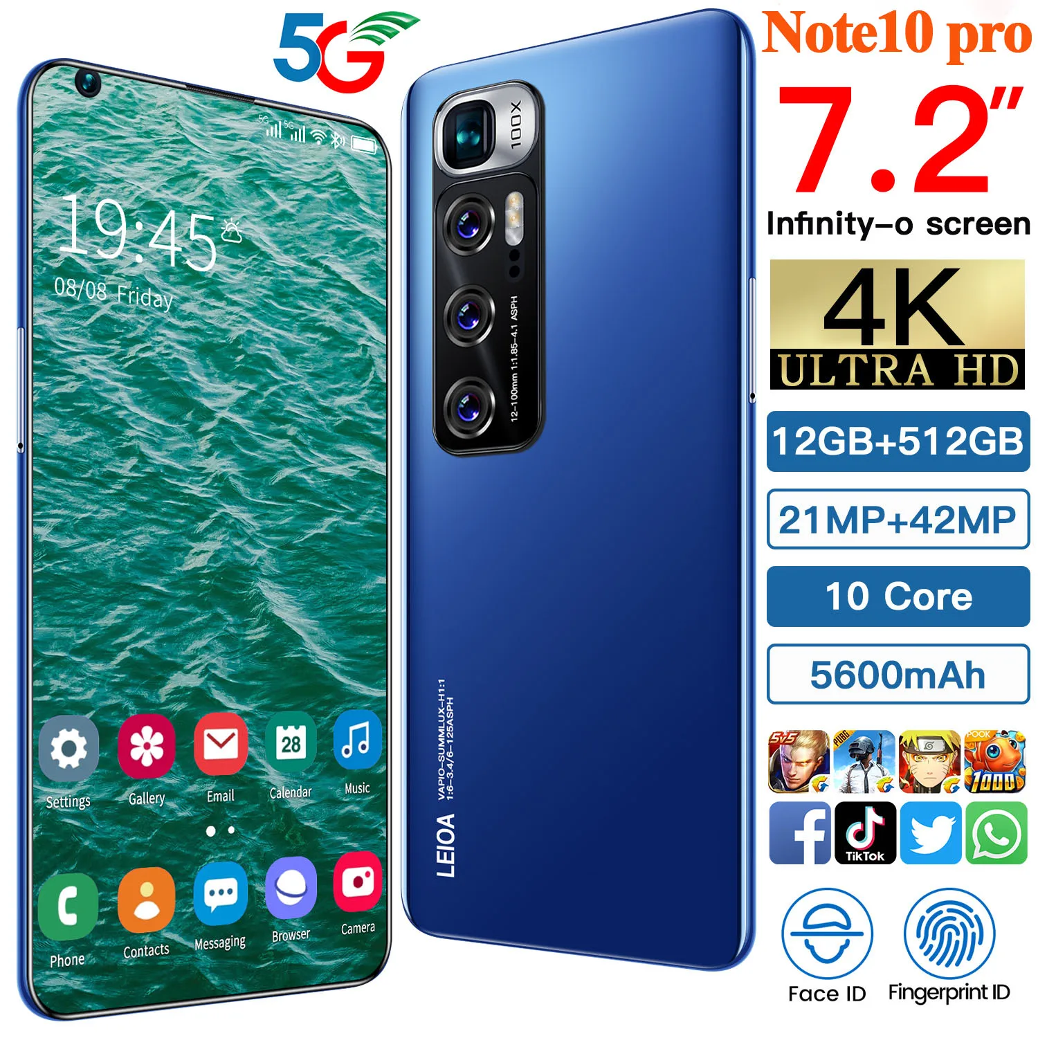 

Galaxy Note10 Pro 7.2" 5G 16GB+512GB Cellphone Unlock Global Version 5G Big Android Smartphone Phone 21MP+42MP Mobile Phones