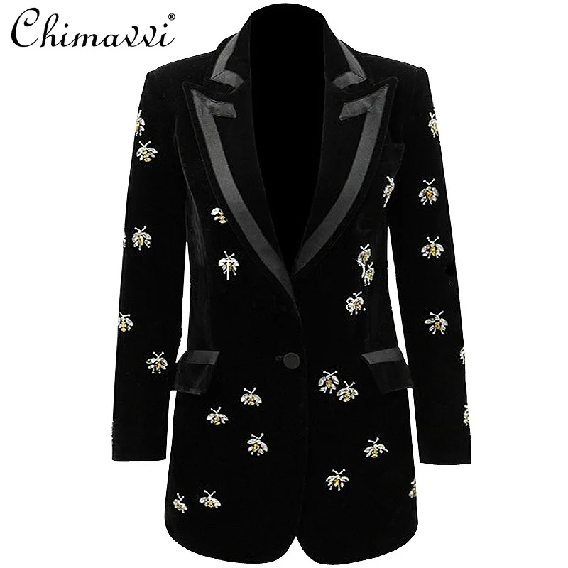 

Осенний блейзер в европейском стиле, женский модный длинный жакет из бархатной ткани с тяжелыми бусинами, женские высококачественные легги...