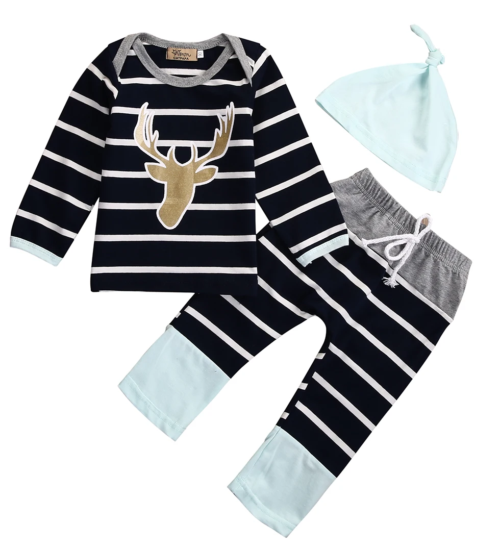 

3pcs Baby Boy Girl Kids Newborn Infant Deer Striped Long Sleeve Romper+Pants Hat Striped Outfits Clothing Set