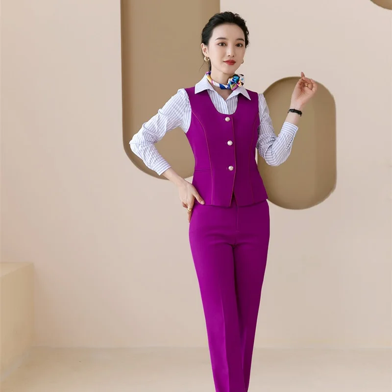 

Fashion Purple Vest Women Waistcoat Ladies 2 Piece Pant and Top Sets Work Business Suits Office Uniform Styles