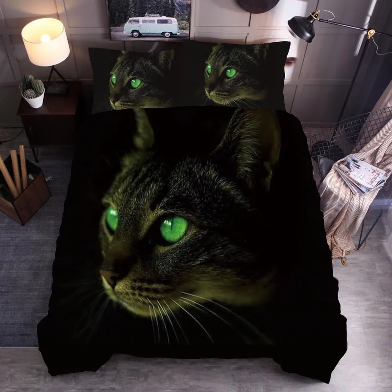 Hot 3D Black And White Cat Partner Print Three Piece Bedding Set Cut Green Eyed Quilt Cover Queen Pillow Case 3pcs | Дом и сад