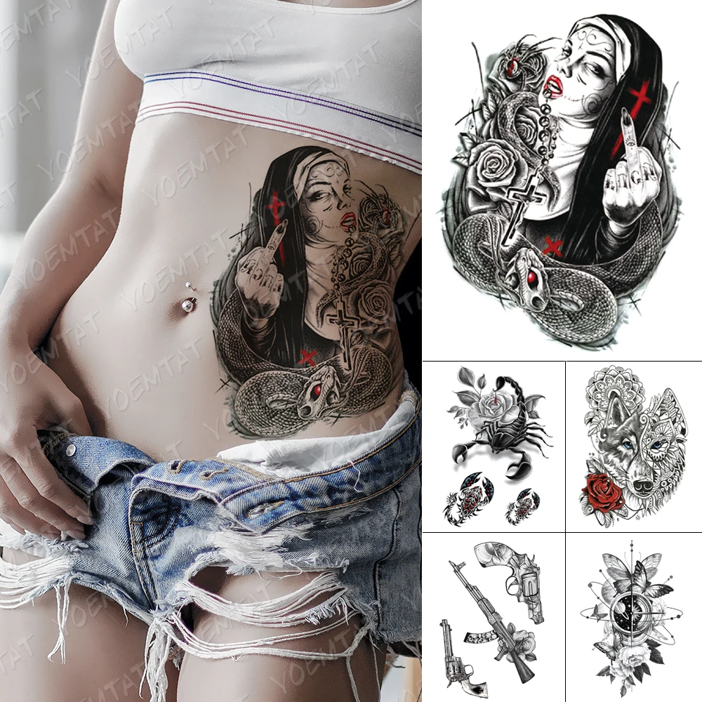 

Waterproof Temporary Tattoo Sticker Cross Nun Snake Rose Flash Tattoos Scorpion Wolf Gun Body Art Arm Fake Tatoo Women Men