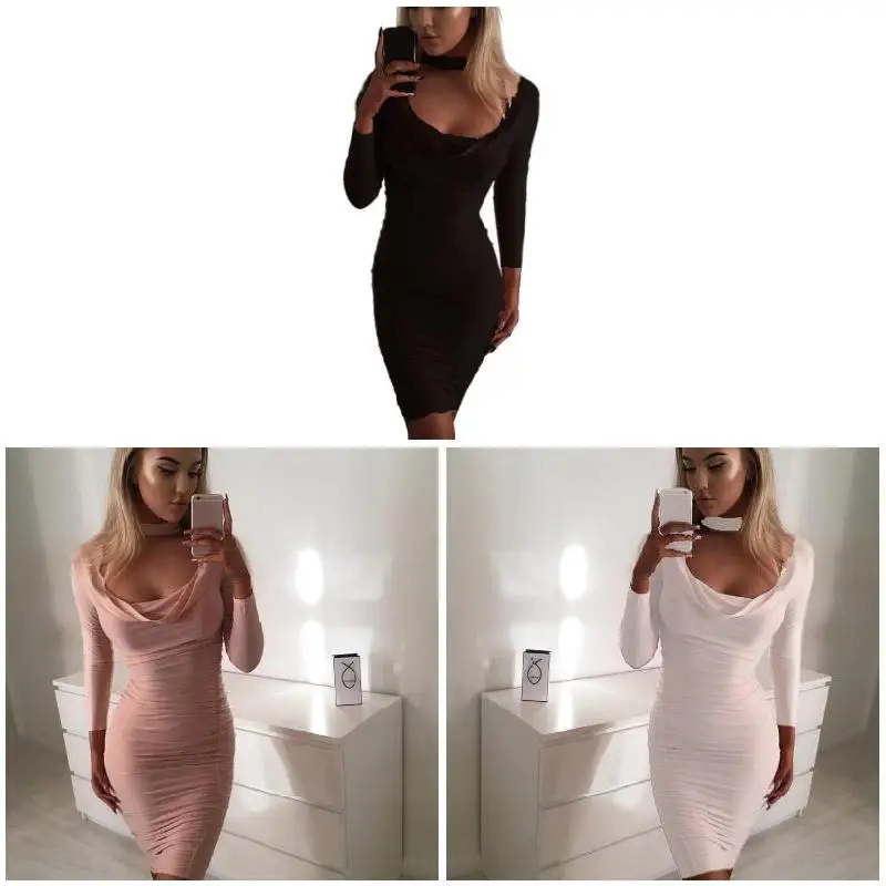 

Pop Women Halter Dress Bodycon Long Sleeves Slim Fit Solid Color Dress For Summer Pop 88