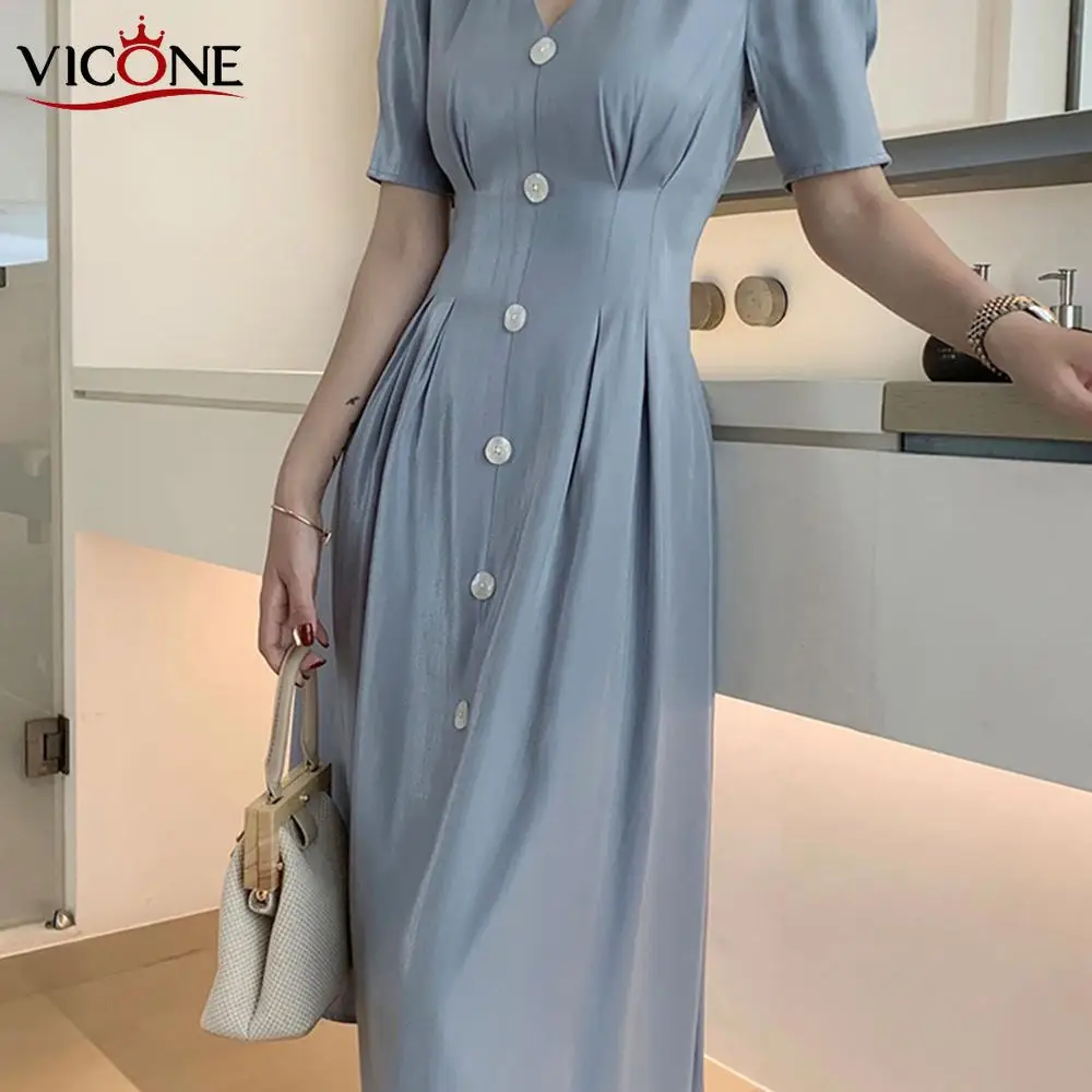 

VICONE Top quality Chic French Vintage Single-breasted Accept Waist Satin Dress Female Temperament of V-neck Dress