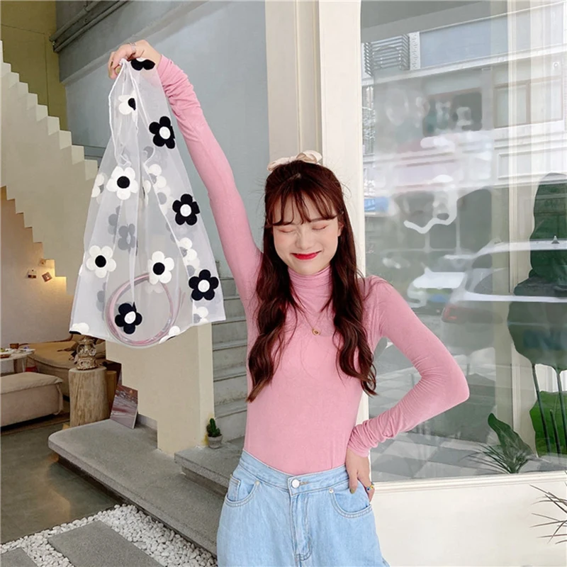 

Lady Floral Embroidery Mirror Lipgloss Lip Stick Case with Women Transparent Tote Double Organza Yarn Cloth Bag