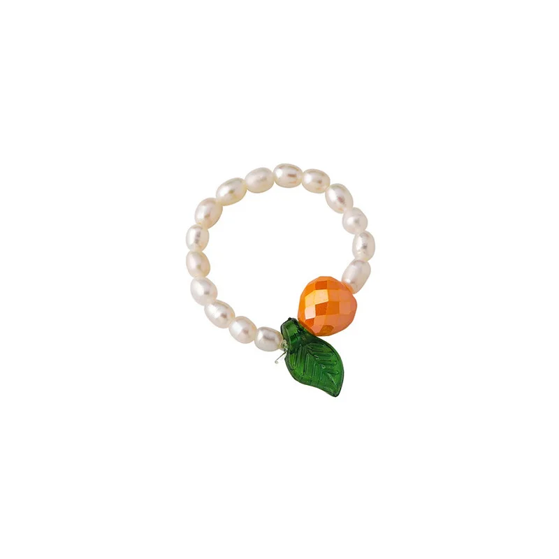 

LOVOACC Korea Japan Colorful Flowers Cherry Leaf Rings for Women Girls Beaded Pearl Elastic Charm Ring Chic Holiday Accessories