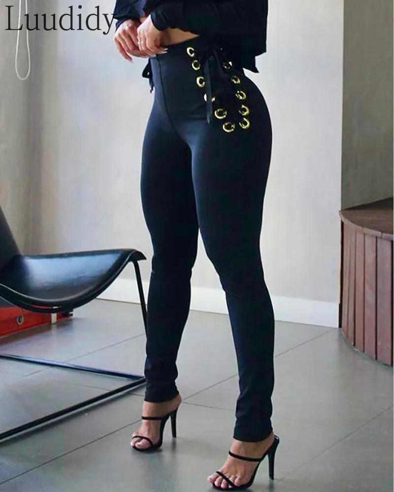 

Women High Waist Eyelet Lace-up Tied Detail Skinny Pants