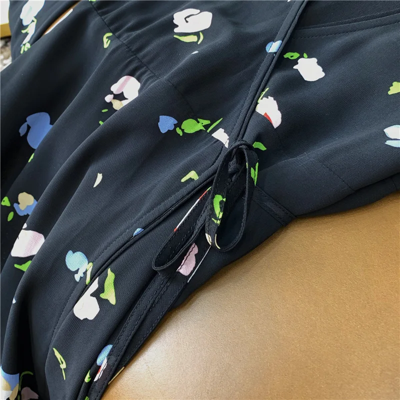

Women Dress Printed Double Layer Chiffon Drawstring Lace Dress