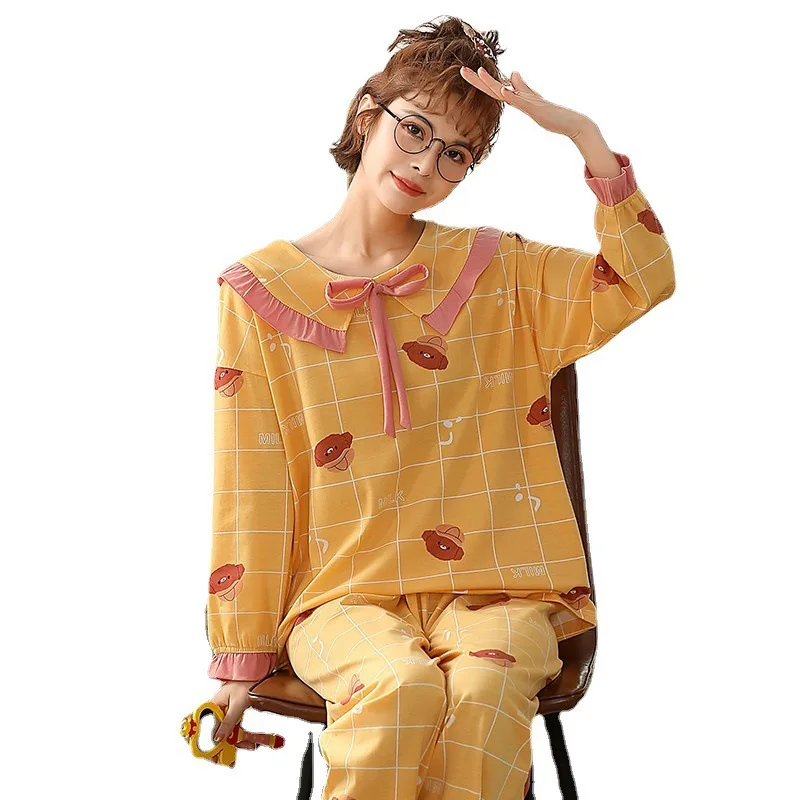 Spring New Women's Pajamas Doll Collar Princess Style Pajamas Round Neck Lovely Knitted Cotton Home Suit Pajama Set Women