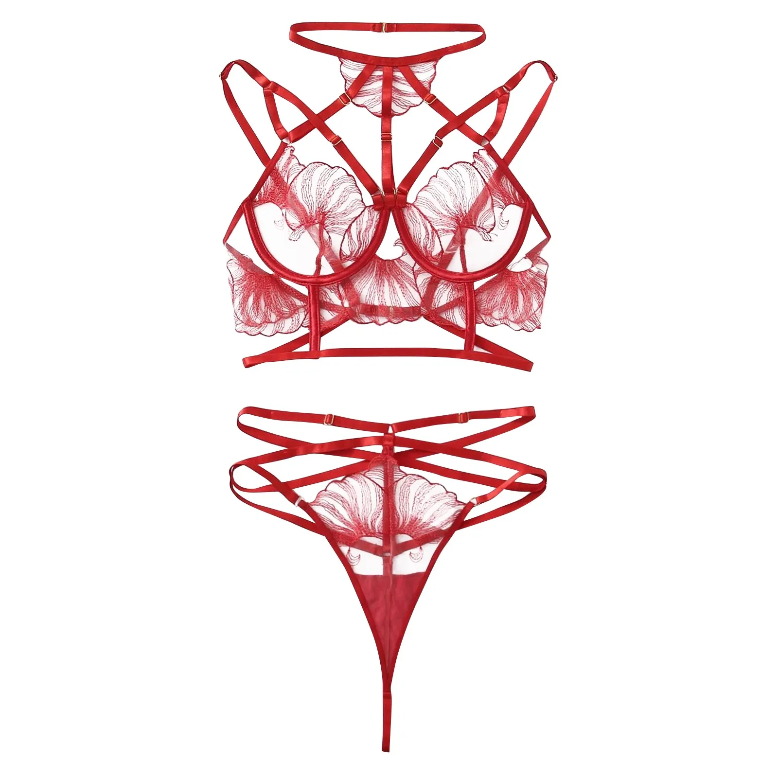 

Sexy Lingerie For Women Fashion Flower Embroidery Red Purple Erotic Lingerie Set Garter Underwear Sleepwear Hollow Lenceria 2021