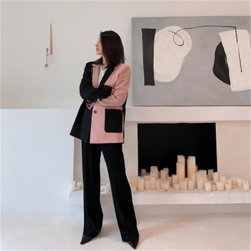 

Fashion Casual Business suit women Blazers summer high quality Loose Double breasted Pink stitching suit women Tops NEW