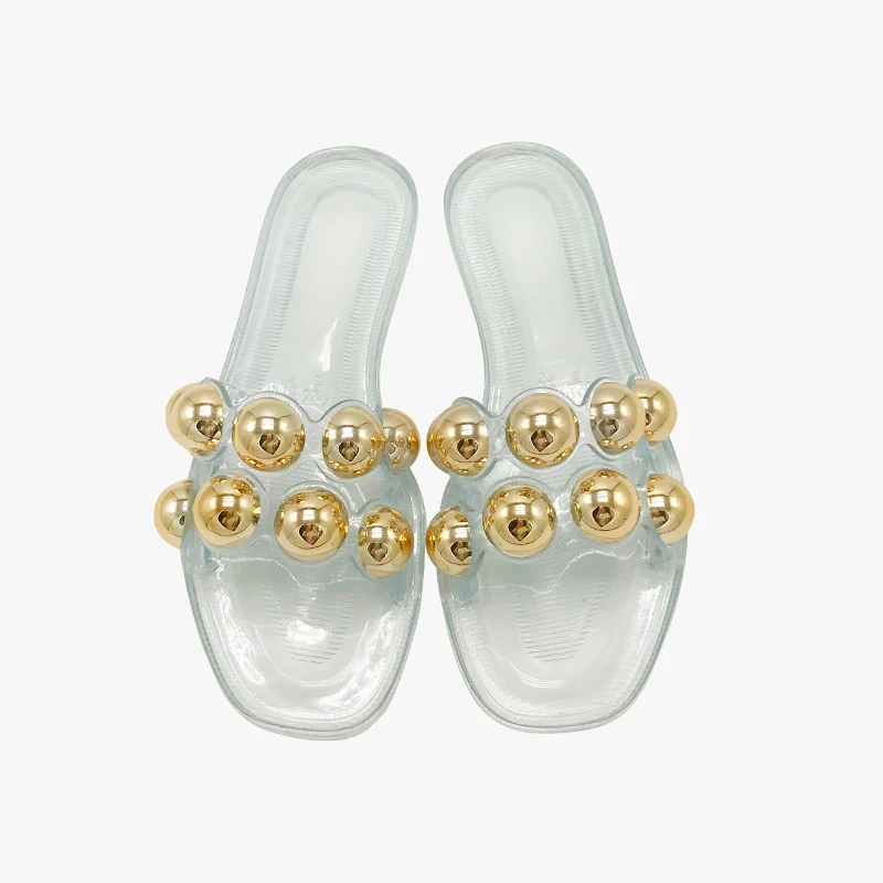 

2021 летние прозрачные тапочки, женские, металлические, тапочки с бусинами; Женская повседневная обувь на плоской подошве; Женские шлепанцы б...