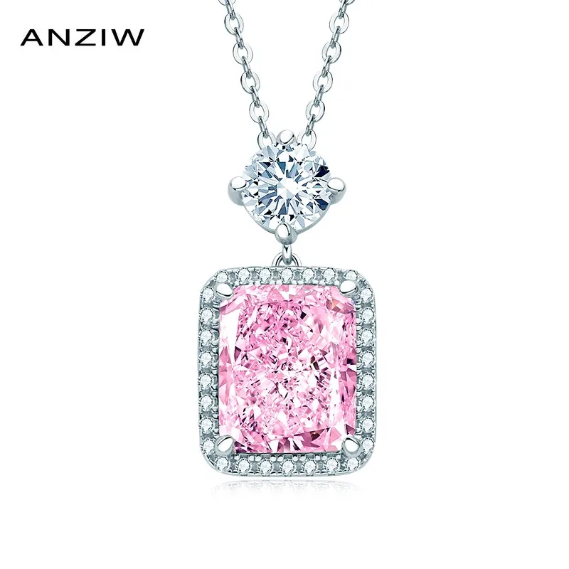 

Anziw 925 Sterling Silver Halo 9x11mm Shiny Perfect Radiant Cut Created Pink Gemstone Pendant Necklace for Women Jewelry Gift