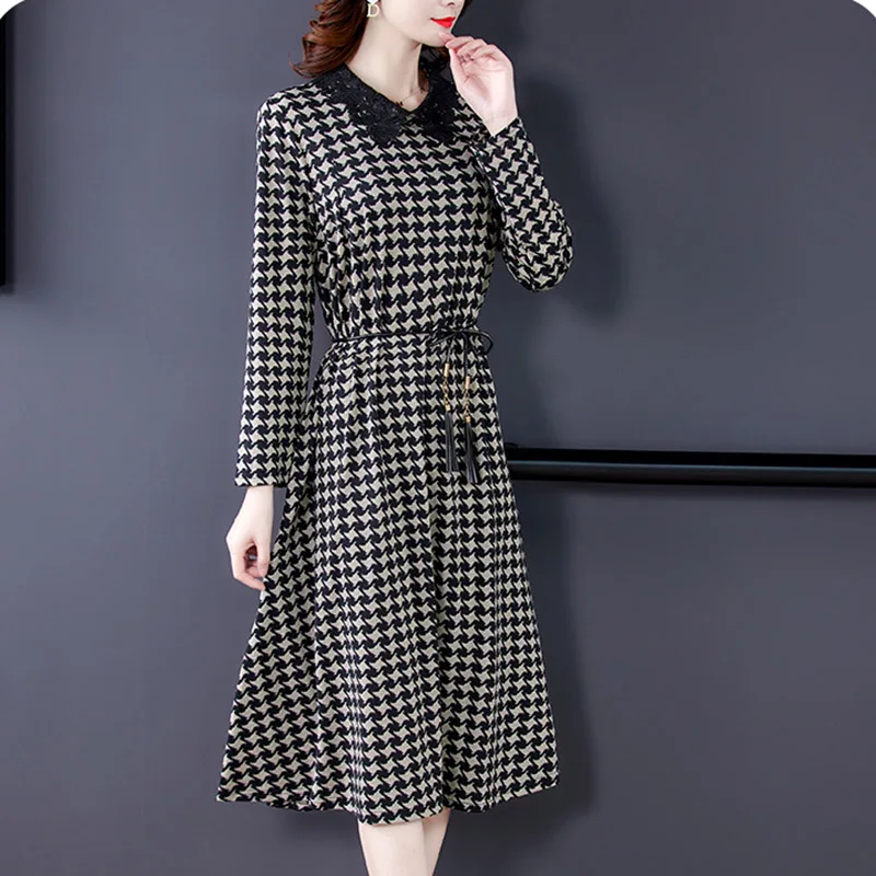 

New Autumn Winter Plus Size Knitting Lace Midi Dresses Casual Vintage Houndstooth Warm One Piece Dress Elegant Women's Party
