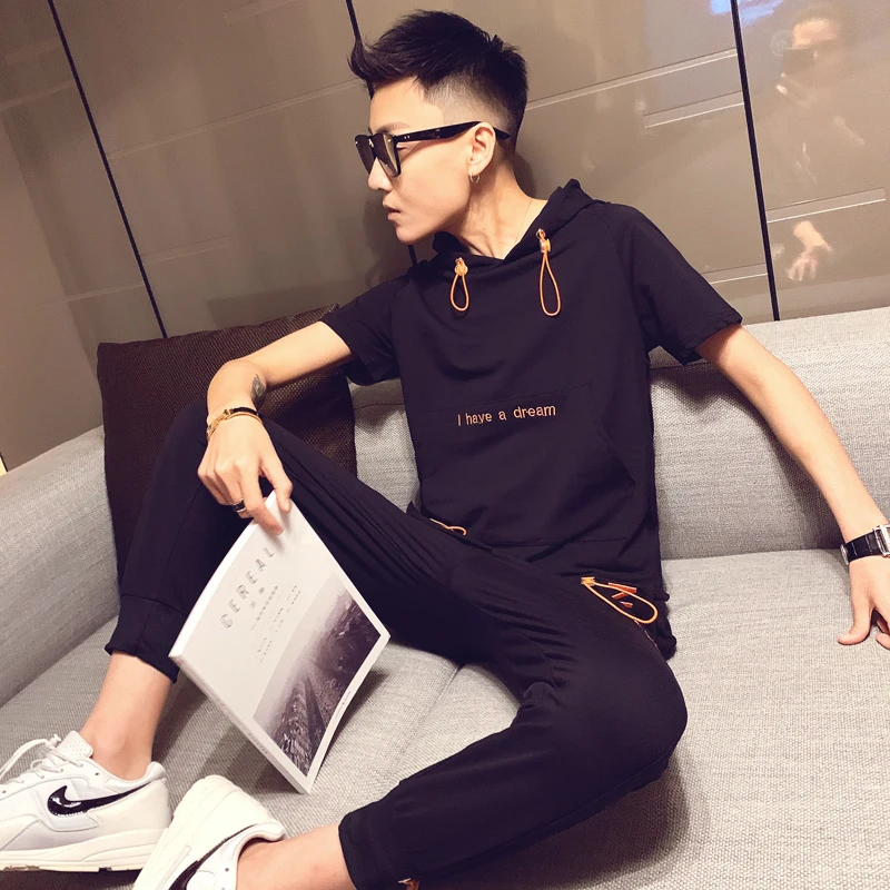 Print Track 2 Pieces Causal Hip Hop Set Short Sleeve T-shirt + Pant Moda Hombre Sweat Suit 2020 Spring Tracksuit Men | Мужская одежда