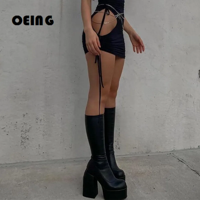 

Women Platform Chunky Heel Mid Calf Boots 2021 Autumn Winter Fashion Thick High Heels Black Shoes Woman Dress Party Long Boots
