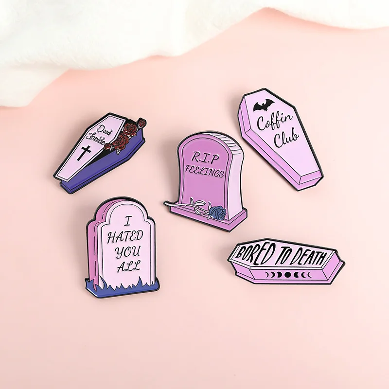 

New Creative Pink Commemorative Tombstone Love Brooch Purple Coffin Tombstone Brooch Pink Tombstone Brooch Dead Enamel Pins