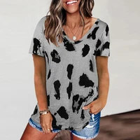woman clothes 2021 summer fashion new womens top leopard round neck kink short sleeve t shirt black top y2k oversized t shirt