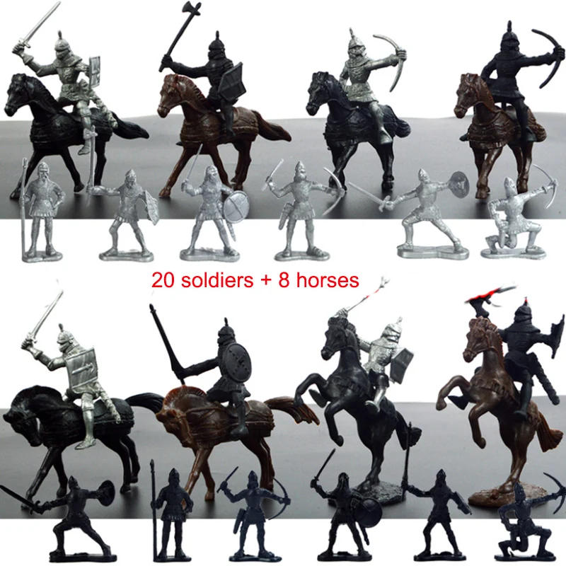 

20 Soldiers and 8 Horse Medieval Knights Warriors Horses Kids Toy Figures Static Model Playset Playing On Sand Castles