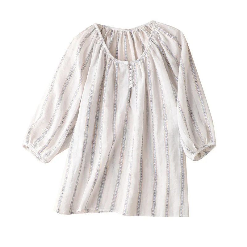 

SHUCHAN Linen Beach Style Women Blouses Lantern Sleeve loose Striped Half Sleeve 2021 Summer Thin Blusas Rojas Mujer