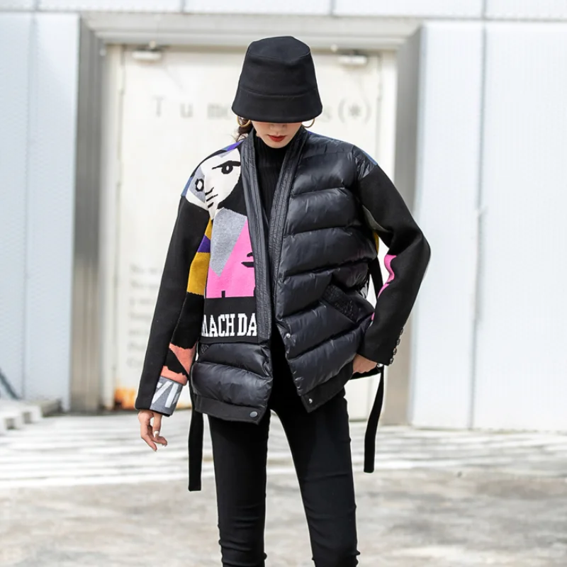 

Winter Minimalist Long-sleeved Loose Thick Warm Jackets Coat Women Panelled Print Down Cotton Padded Clothes