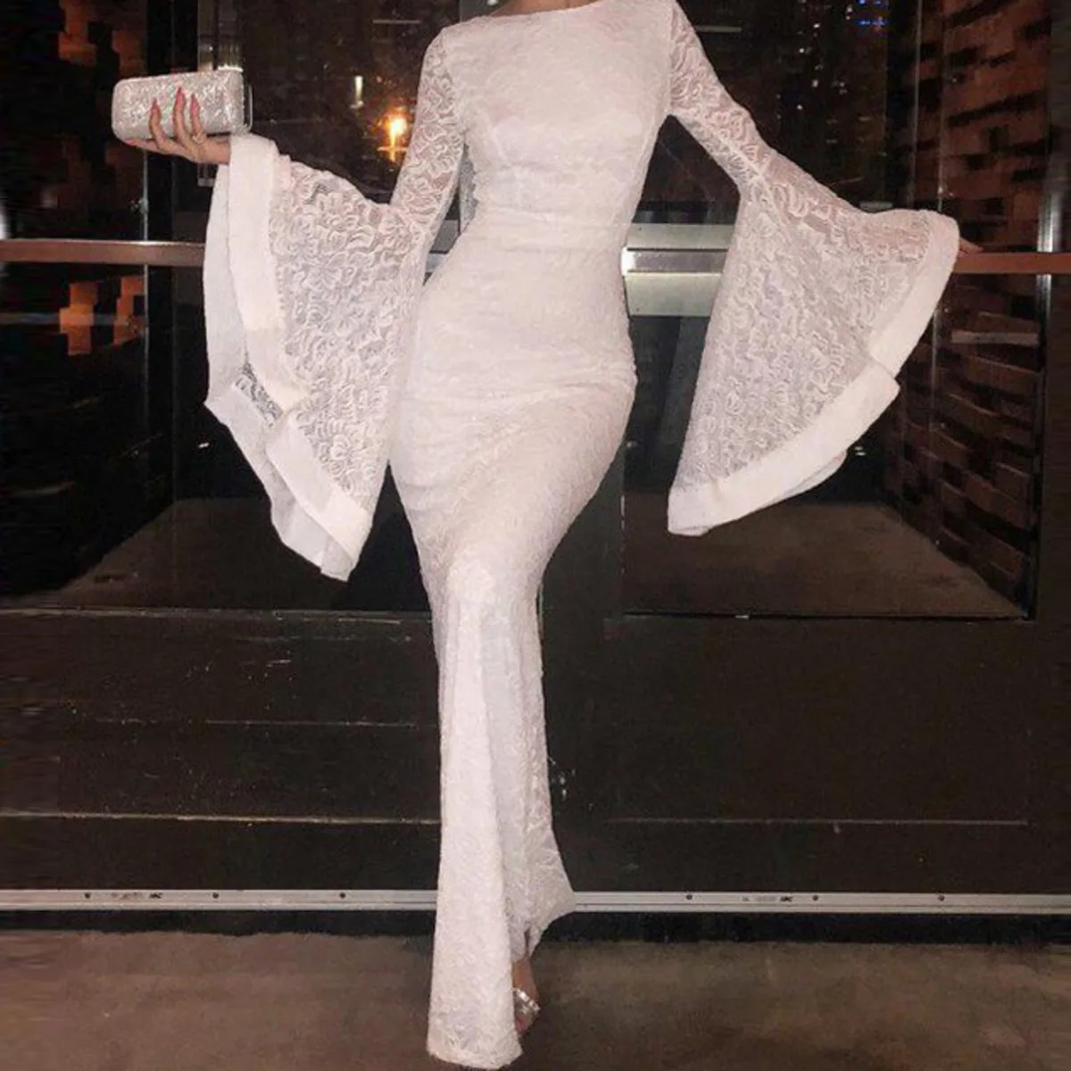 

Женское вечернее платье с юбкой годе, элегантное белое кружевное платье до пола с круглым вырезом и расклешенными длинными рукавами для сва...