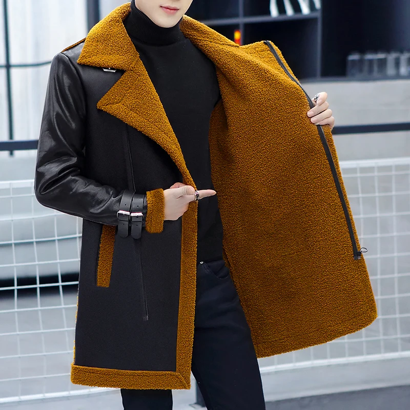 Casual Men's 2022 Winter Mid-Length Thick Faux Fur Leather Jackets Outwear Solid Fleece Windbreaker Long Coats Top Warm Overcoat