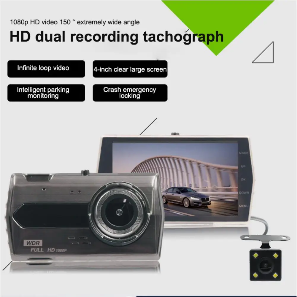 

Автомобильный регистратор с углом обзора 170 °, 1080P, 4-дюймовый IPS HD экран, передний и задний двойной объектив F2.0, апертура, видео, USB, ночное виде...