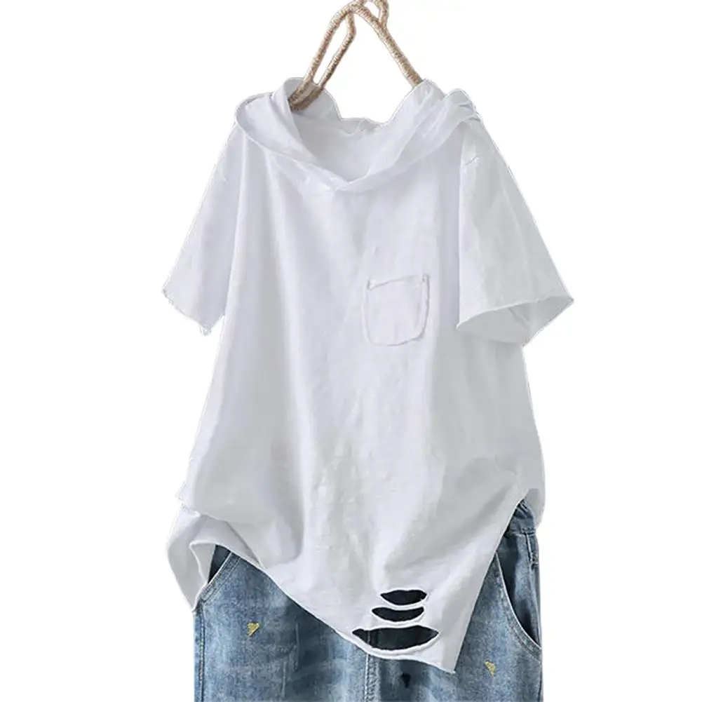 Women Casual Solid Color Short Sleeve Ripped Giraffe Print Loose T-shirt Hoodie