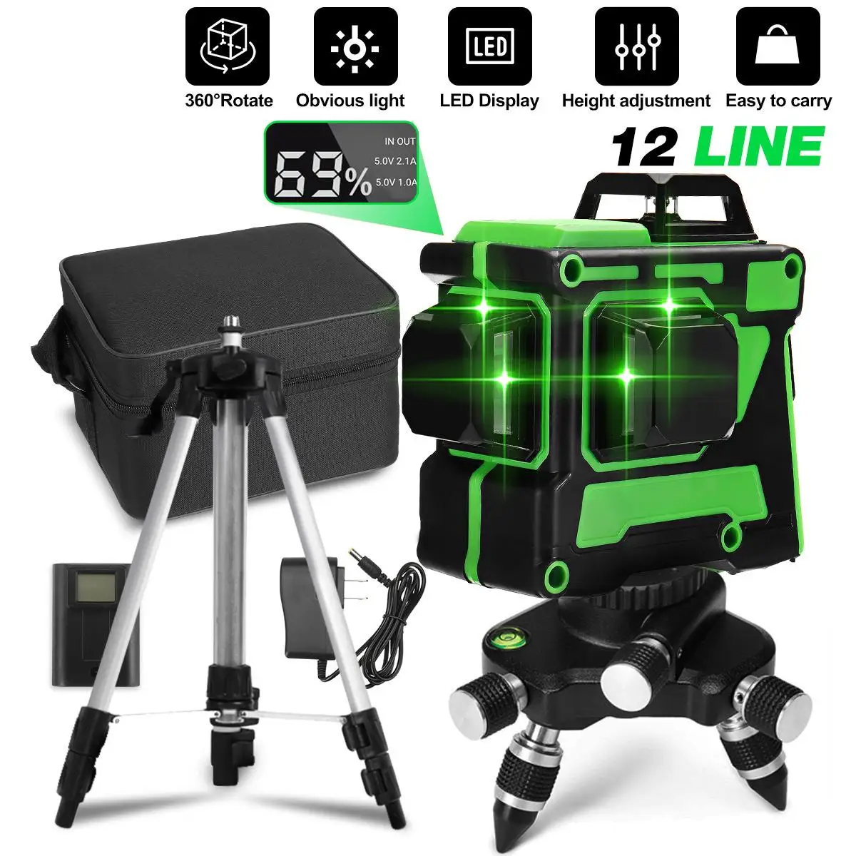

Laser levels 12 Lines Green Light Horizontal&Vertical Cross Measure Tool 3D 360 Self-Leveling Laser Levels With Tripod&LED&532nm