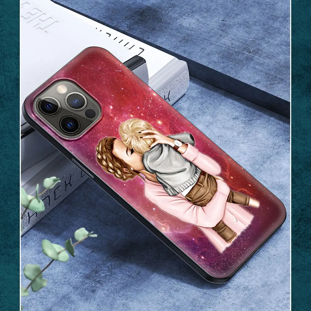 

Phone Case For iPhone 11 12 Pro XS Max 8 7 Plus X XR Silicone Soft TPU Black Shell Back Cover Coque Bag Brown Hair Baby Mom Girl