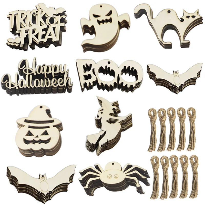 

Halloween Wooden Cartoon Pendant Hanging With Linen Ropes DIY Halloween Ornament Crafts Party Home Decor 10pcs/set