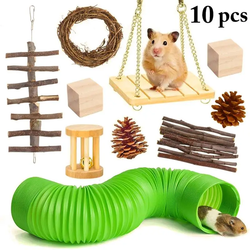 

10 Pcs/Set Small Animals Hamsters Toy Natural Wooden Hamster Gerbil Squirrel Chew Molar Cleaning Teeth Toy Interactive Pet Toys