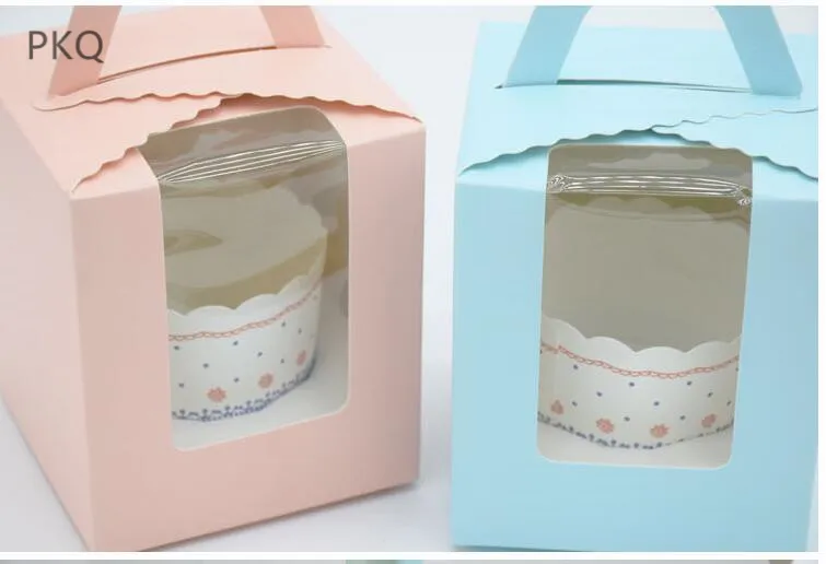 

10pcs Pink Cupcake Cake chocolate candy Packaging Box With Handle Single Cupcake Boxes Pudding Case wedding party supplies
