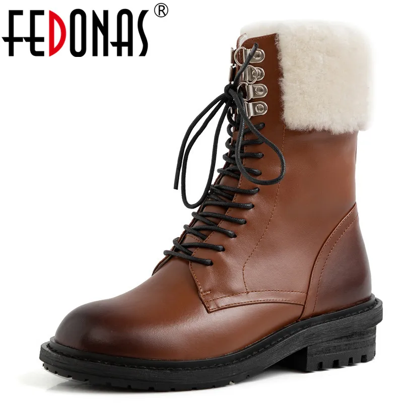 Женские ботинки на шнурках FEDONAS теплые из натуральной кожи осень и зиму большие