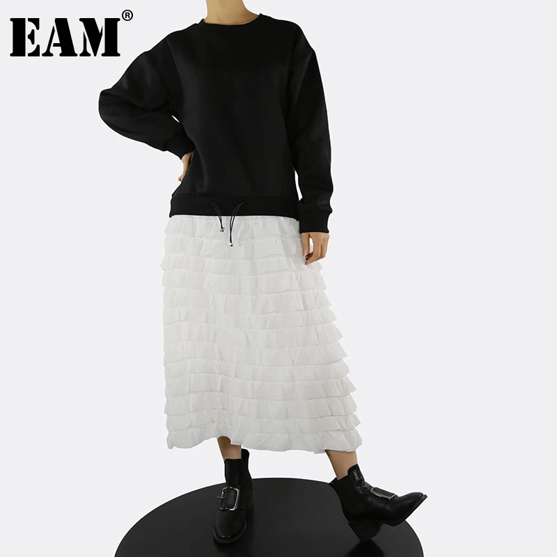 

Женское платье с оборками EAM, белое длинное платье большого размера с круглым вырезом, длинным рукавом, свободный крой, весна-осень 2022, 1DE4748