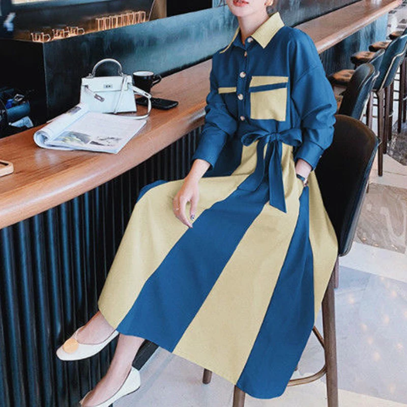 

New Autumn Color Blocking Waist Retro Thin Dress