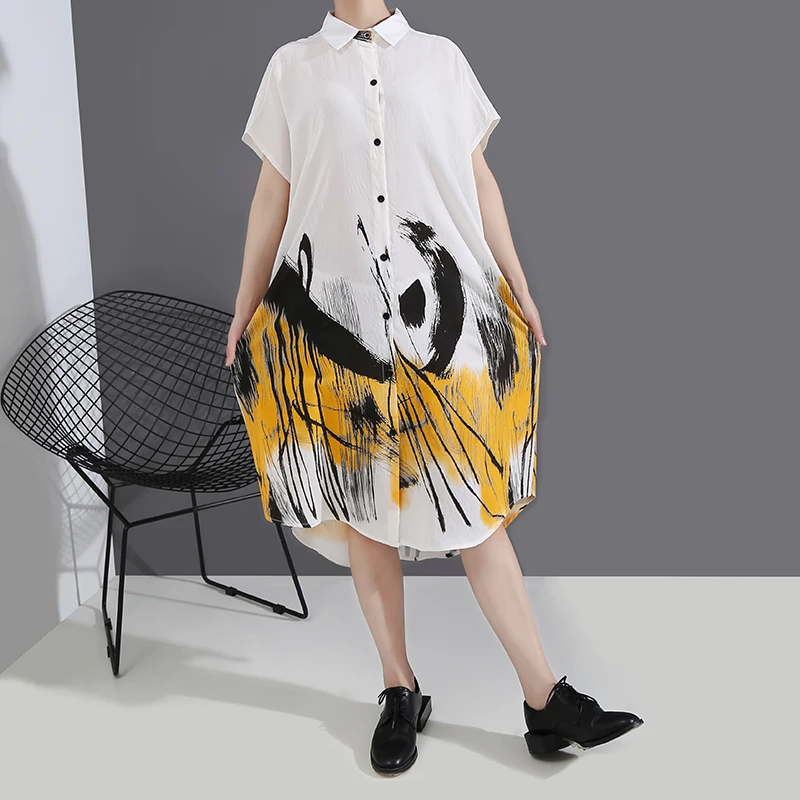 Новинка женское летнее белое винтажное платье-рубашка с принтом граффити