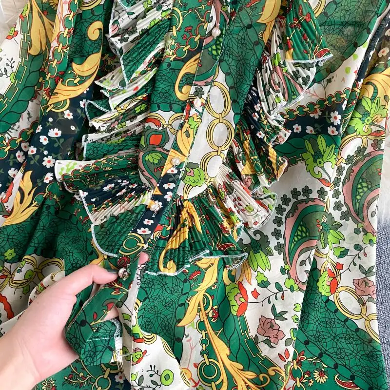 

Women's Bohemian Autumn New Shirts Pleated Ruffles Slim Elegant Lantern Sleeve Ruffled Collar Printed Tops Female Camisa GK523